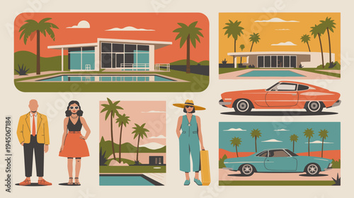 Retro styled illustration of people standing in front of mid century modern homes and classic cars in a tropical setting with palm trees and colorful