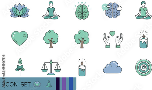 Print Flat Design Mindfulness and Mental Wellness Icon Set Featuring Meditation Yoga Holistic Healing and Psychological Balance Symbols in Teal and Green Tones