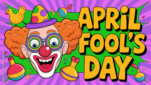 Colorful clown face with april fool's day text and festive background
