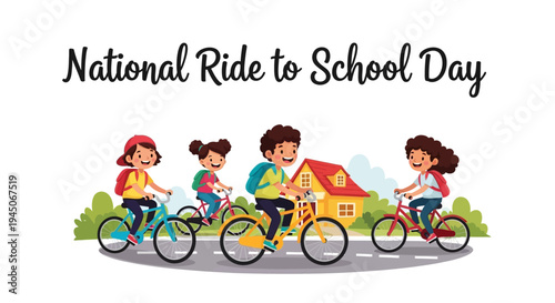 Illustration of children riding bicycles to school on National Ride to School Day with a cartoon school building in the background.