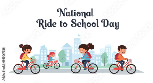 Illustration of children riding bikes to school in a city on National Ride to School Day with a colorful and lively design.