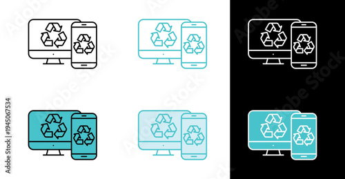 Computer and smartphone with recycle symbol icon for electronic recycling in line and fill style