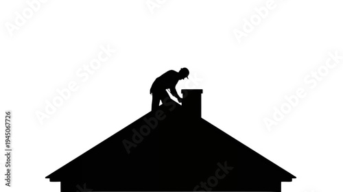 Roofer Working on a Chimney Silhouette Against a Dark Background Performing Home Maintenance