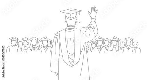 Graduation Ceremony: Graduate Waving Hand to Audience, Students in Caps and Gowns