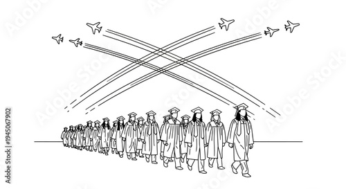 Graduation ceremony with fighter jets flying overhead, symbolizing achievement and future.
