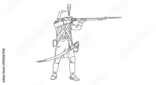 Historical Soldier with Musket and Sword, Line Art Illustration