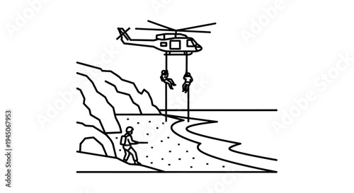 Helicopter rescue operation on a rocky coastline, people airlifted from beach