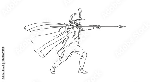 Historical Soldier with Spear and Cape, Military Uniform, Vintage Illustration