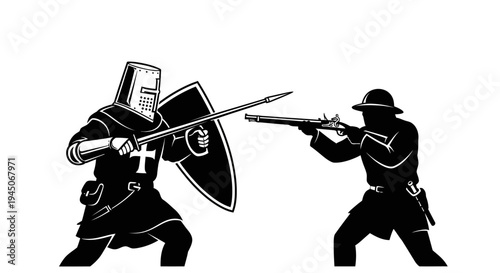 Knight with shield and spear fighting a musketeer with a gun, historical battle concept