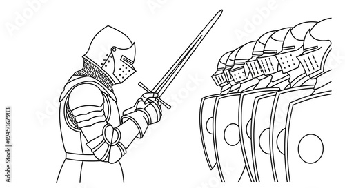 Knight in Armor with Sword Facing a Line of Knights with Shields, Medieval Battle Scene
