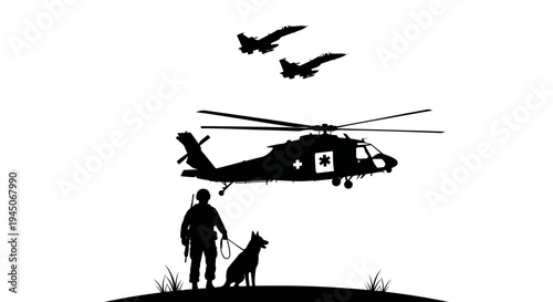 Military Helicopter, Fighter Jets, Soldier, K9 Unit, and Medical Symbol - Silhouette