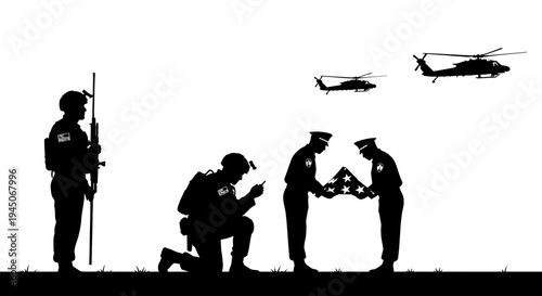 Military Honor Ceremony: Soldiers Fold Flag, Helicopters Fly Overhead, Silhouette