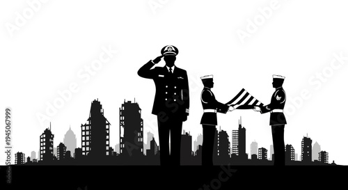 Military Honor Guard Saluting American Flag in Cityscape Silhouette