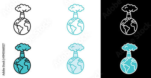 Earth with factory smoke icon for air pollution awareness graphics in line and fill style