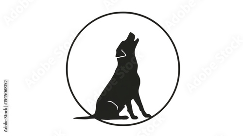 Dog Howling Silhouette in a Minimalist White Circle on a No Background