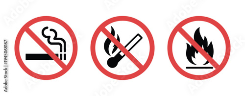 No Open Fire Sign, no smoking symbol, no matches warning icon, round prohibition label, fire safety restriction notice, red stop symbol, vector illustration