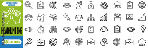 Professional Headhunting and Recruitment Icon Set, Vector Line Art Icons for HR, Talent Acquisition, Hiring Process, and Corporate Business Management