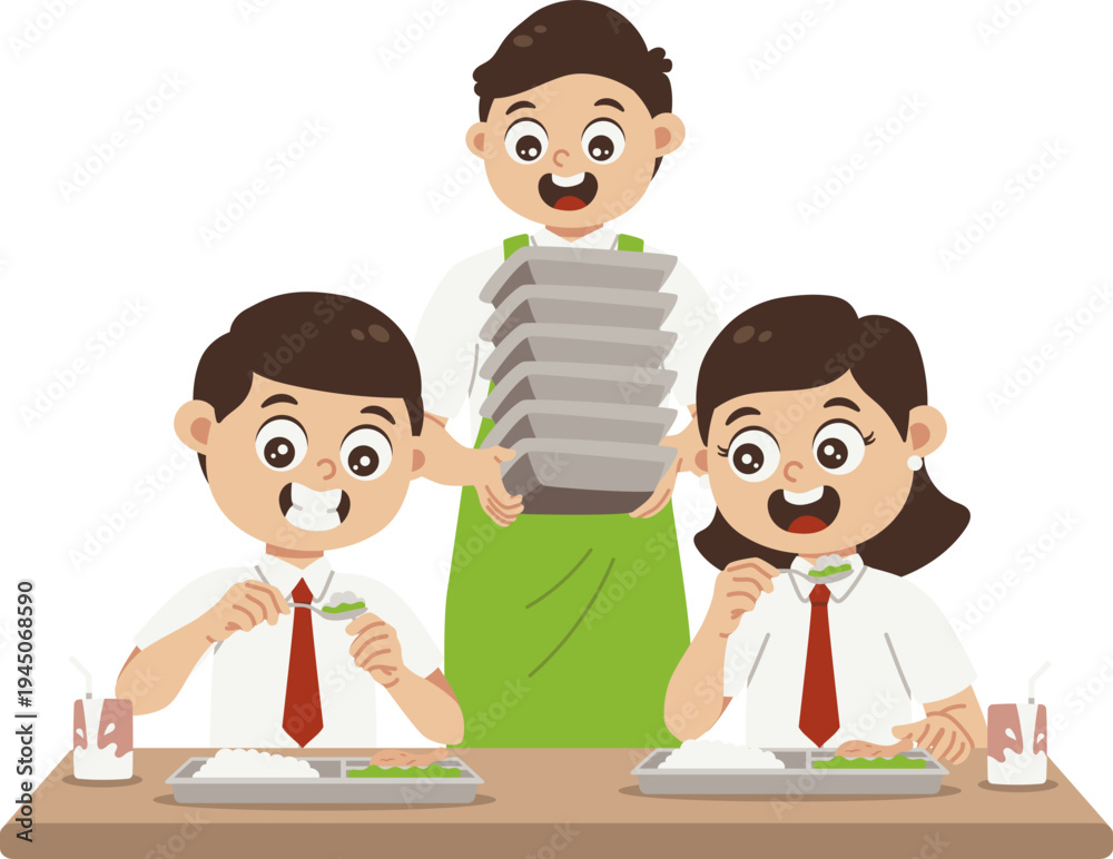 Fototapeta premium Siswa tersenyum menikmati makan siang ilustrasi vektor
