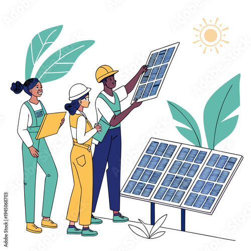 Three workers inspecting solar panels outdoors inspection