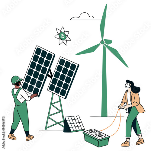 Workers installing solar panels and wind turbine for renewable energy