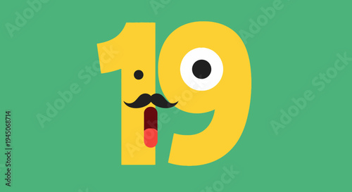 Funny Yellow Number 19 With Mustache and Tongue
