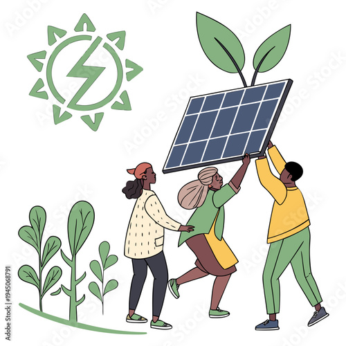 Three people holding up a solar panel with green plants
