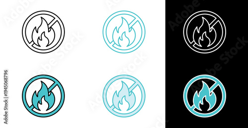 No fire prohibition sign icon for workplace safety notices and hazard control in line and fill style