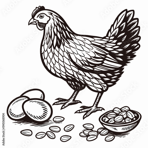 Black and white of a chicken with eggs and seeds bowl