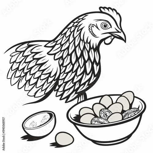 Black and white of a chicken with a bowl of nuts and eggs