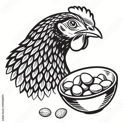 Black and white of a chicken with a bowl of nuts and eggs