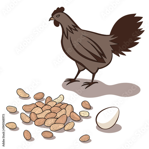 Brown chicken with pile of almonds and egg
