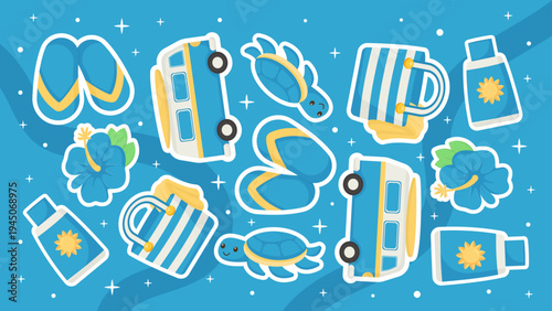 Seamless summer vacation pattern with sea turtles and camper vans