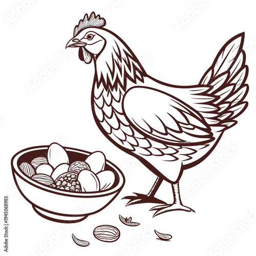 Brown of a chicken with a bowl of nuts and eggs