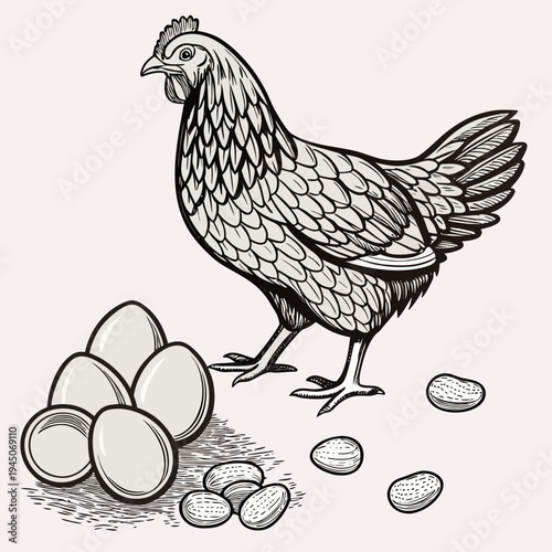Chicken with eggs and peanuts farm animal