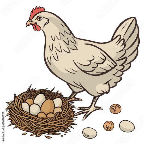 Colorful of a hen with eggs in a nest chicken
