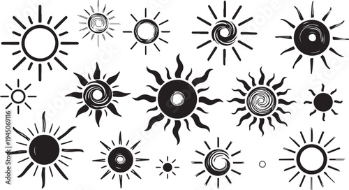 Set of 16 sun icons vector, black and white
