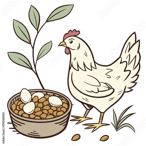 White Chicken Standing Next to Bowl of Feed and Eggs