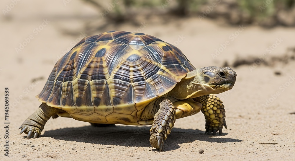 Obraz premium Angulate tortoise walking across sandy soil
