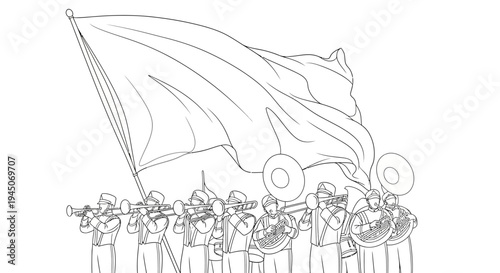 Marching Band Parade with Flag and Musicians in Uniforms, Line Art