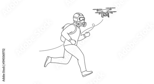 Man in Gas Mask Running with Drone, Post-Apocalyptic Survival Concept