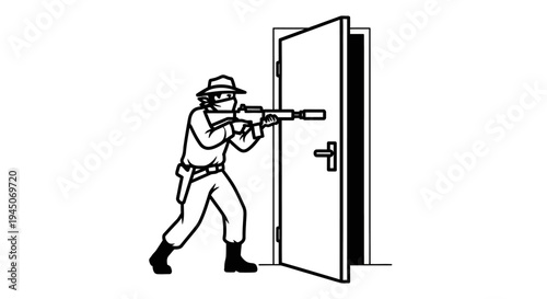 Man with rifle peeking through doorway, tactical entry, home invasion concept