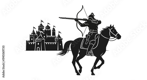 Medieval Archer on Horseback Aiming Bow at Castle Silhouette