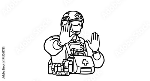Medic soldier with medical bag and hands up, stop gesture, military first aid