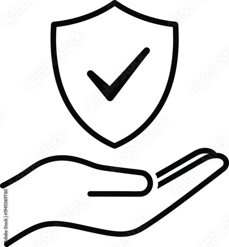 Protected and verified security icon with hand and shield