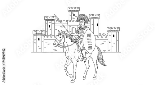 Medieval Knight on Horseback Before Castle - Line Art Illustration
