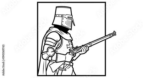 Medieval Knight in Armor Holding Musket, Historical Warrior with Firearm, Vintage Combatant