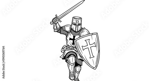 Medieval Knight Templar Warrior with Sword and Shield, Crusader Emblem, Line Art