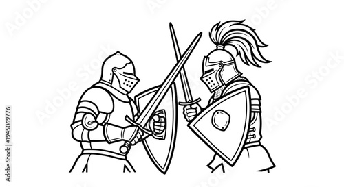 Medieval Knights Fighting with Swords and Shields, Historical Battle Scene