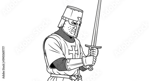 Medieval Knight Warrior with Sword, Crusader Armor, Historical Illustration
