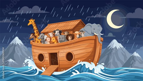 Biblical story of Noah's Ark sailing on stormy seas with pairs of animals under a crescent moon during a heavy rainy night.